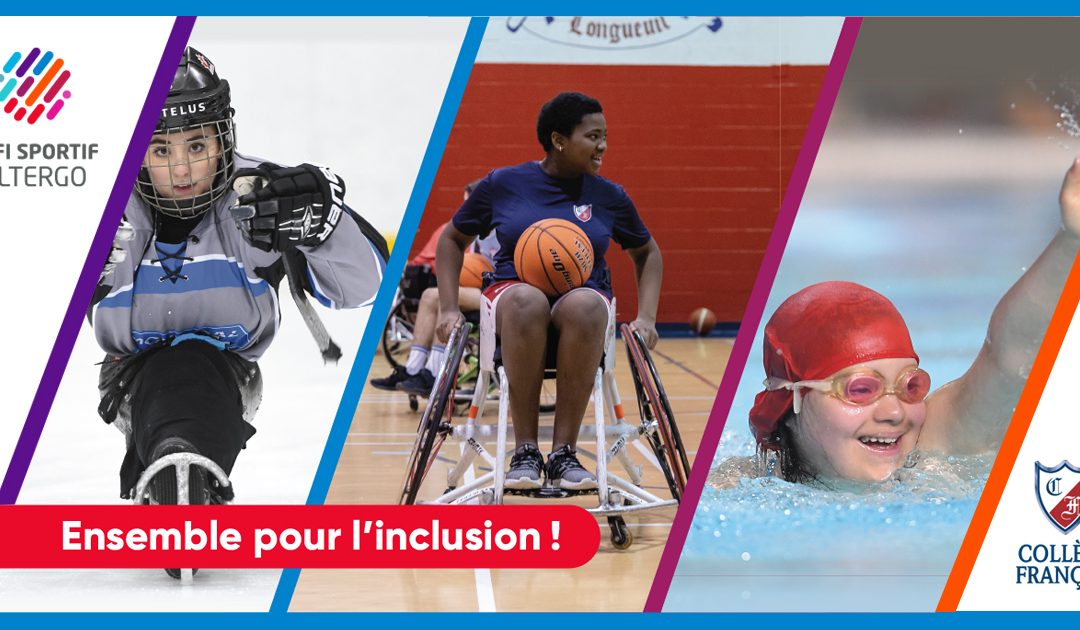 Bannière avec les logos du Défisportif AlterGo et du Collège Français, le slogan Ensemble pour l'inclusion et trois photos de sports adaptés. Une photo de parahockey, une photo de basketball en fauteuil et une photo de para-natation.