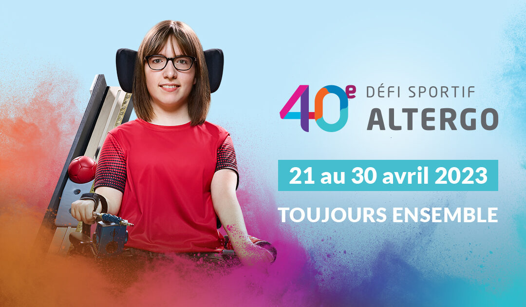 Marylou Martineau à côté de sa rampe de boccia se trouve au centre de poudre de couleur. Logo du 40e Défi sportif AlterGo.
