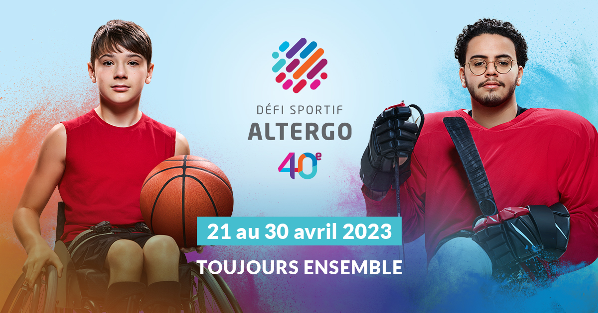 Affiche du 40e Défi sportif AlterGo mettant en vedette un joueur de basketball en fauteuil et un joueur de parahockey.