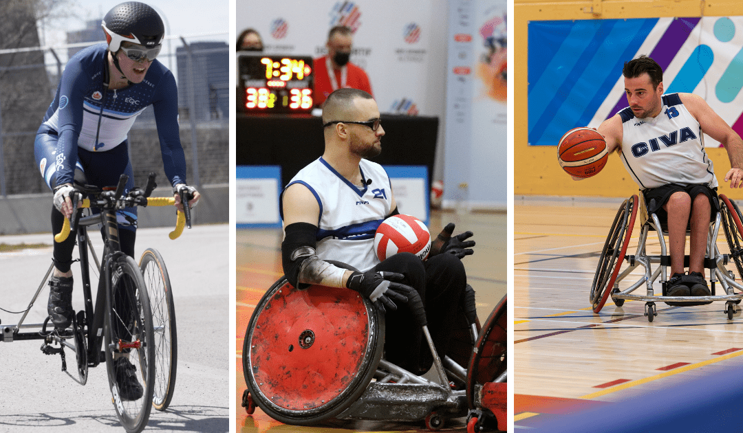 Compilation des photos de trois athlètes : un paracycliste roulant sur son tricycle, un athlète de rugby en fauteuil roulant tient le ballon et un athlète de basketball en fauteuil roulant drible sur le terrain.