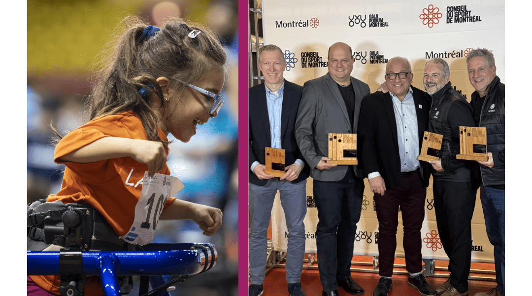 À gauche, une athlète du Défi sportif AlterGo pendant une course. À droite, Des représentants de Parahockey Montréal et d'AlterGo au Gala Podium.