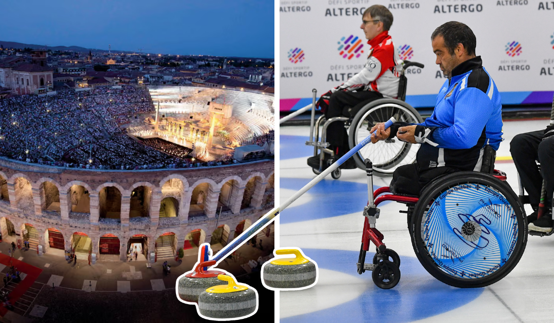 À gauche l'Arena di Verona, à droite un athlète de curling en fauteuil roulant en action