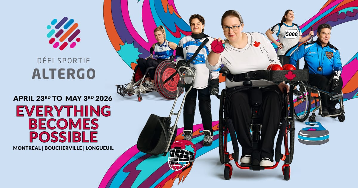 DSA_Header_Web_FULL_ANG Affiche du Défi sportif AlterGo avec 5 athlètes ambassadeurs. Texte : 23 avril au 3 mai, Tout devient possible, Montréal, Boucherville, Longueuil.