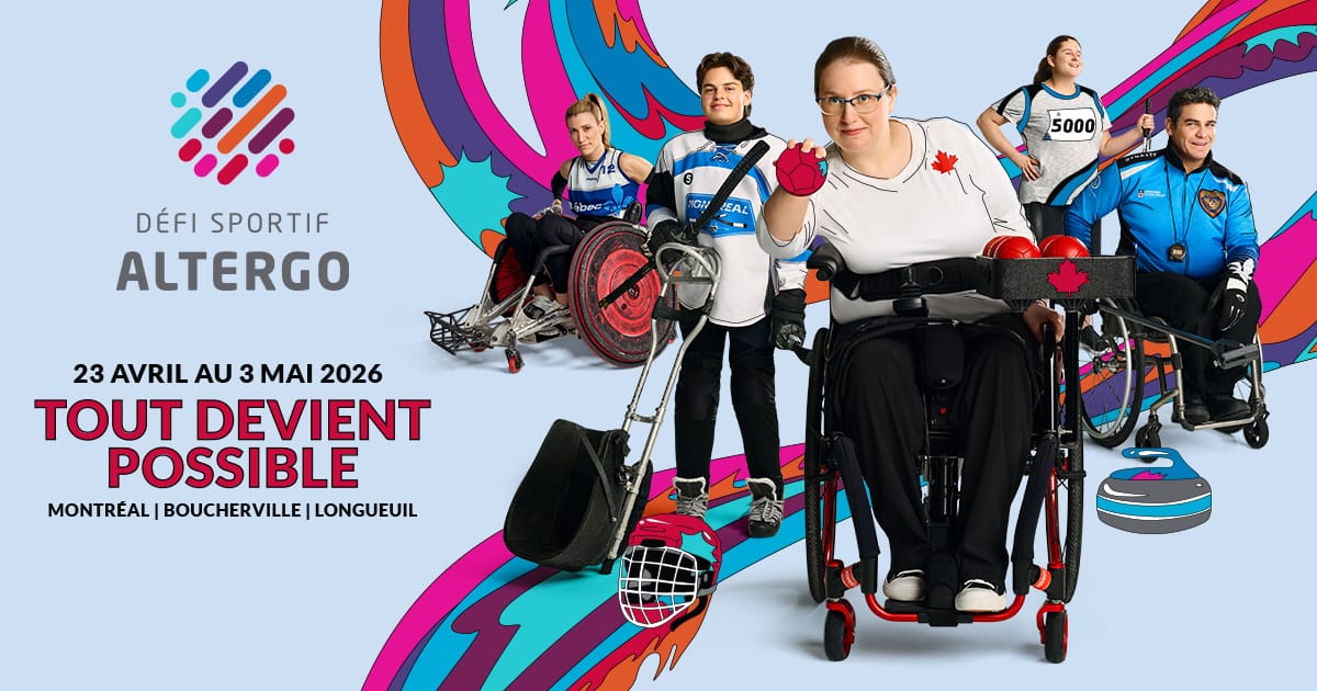 Affiche du Défi sportif AlterGo avec 5 athlètes ambassadeurs. Texte : 23 avril au 3 mai, Tout devient possible, Montréal, Boucherville, Longueuil.