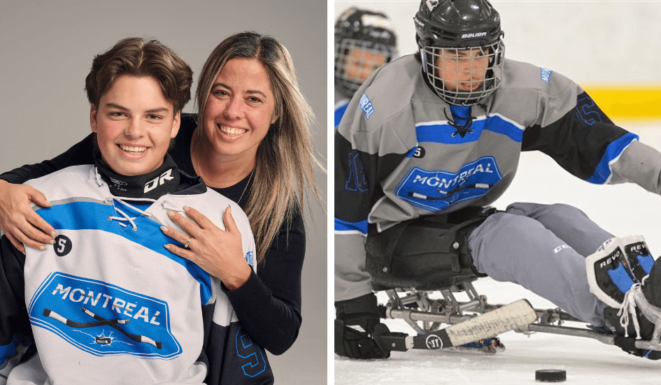 À gauche, Éloic Constantineau, joueur de parahockey avec sa mère. À droite : l'athlète en action sur la glace.