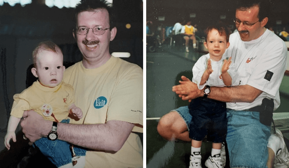 Deux photos d'un jeune Mathieu avec son père au Défi sportif AlterGo.