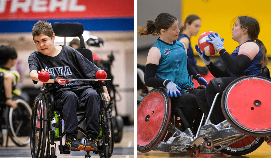À gauche : photo d'un jeune qui se prépare à lancer une balle de boccia. À droite : deux joueuses de rugby se foncent dedans avec un ballon.