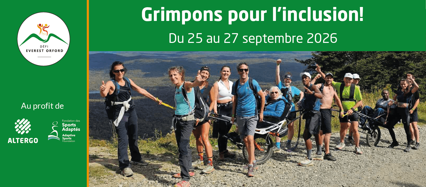 Visuels-FB Des randonneurs souriants accompagnent deux personnes en joëlette dans la montée du Mont-Orford. Titre : Grimpons pour l'inclusions! Du 25 au 27 septembre 2026