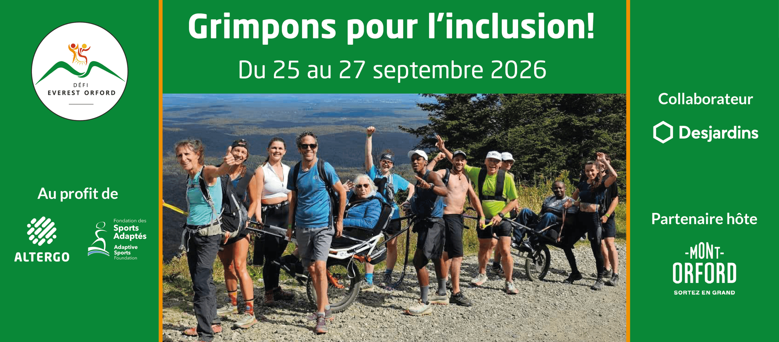 Des randonneurs souriants accompagnent deux personnes en joëlette dans la montée du Mont-Orford. Titre : Grimpons pour l'inclusions! Du 25 au 27 septembre 2026